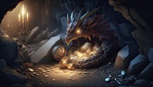 Medieval Dragon Hoards Treasure In Mountaintop Cave. Illustration Fantasy By Generative IA