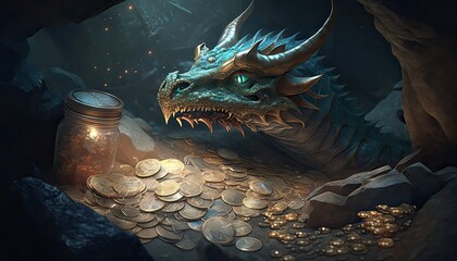 Canvas Print - Medieval dragon hoards treasure in mountaintop cave. Illustration fantasy by generative IA