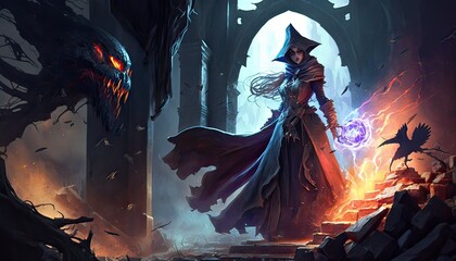 Poster - Sorceress battles evil warlock in ruined castle. Illustration fantasy by generative IA