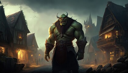 Canvas Print - Giant ogre attacks peaceful village. Illustration fantasy by generative IA