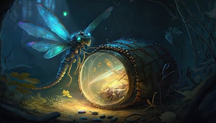 Canvas Print - Magical dragonfly leads adventurers to hidden treasure. Illustration fantasy by generative IA