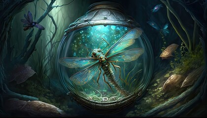 Wall Mural - Magical dragonfly leads adventurers to hidden treasure. Illustration fantasy by generative IA