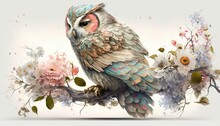  A Painting Of A Bird Sitting On A Branch With Flowers And Leaves On It's Back End And A White Background With A Light Blue Sky In The Background.  Generative Ai