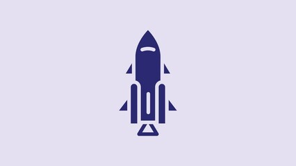 Poster - Blue Rocket ship with fire icon isolated on purple background. Space travel. 4K Video motion graphic animation