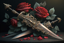 Sword And Red Roses - Swords And Flowers Series - Sword And Flowers Background Wallpaper Created With Generative AI Technology	