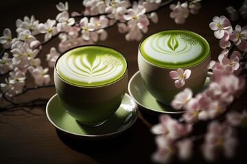  Artistic beautiful romance two cups of green tea or coffee with cherry blossom flower branch, spring season and national spring festival theme drink, idea for background or wallpaper, generative Ai