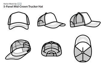 Canvas Print - 5-Panel Structured Mid-Crown Trucker Hat Vector Mock-Ups (Multiple Orientations)