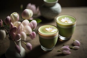 Artistic beautiful romance two cups of green tea or coffee with cherry blossom flower branch, spring season and national spring festival theme drink, idea for background or wallpaper, generative Ai