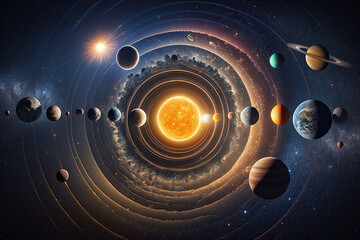 Wall Mural - unreal fantastic scheme of the solar system with the sun and planets in space. generative ai