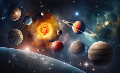 Wall Mural - fantastic diagram of the solar system with the sun and planets in space. generative ai