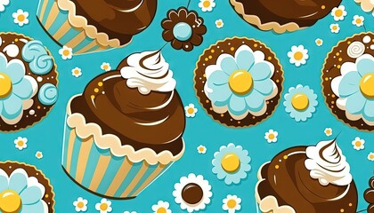 Sticker -  a pattern of chocolate cupcakes and daisies on a blue background with yellow and white flowers on the top of the cupcakes.  generative ai