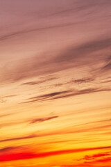 Wall Mural - Sky with soft and fluffy pastel orange pink and blue colored clouds. Sunset background. Nature. sunrise. Instagram toned style. Vertical