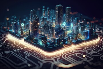 Wall Mural - Smart City on a Circuit Board Background - Mapping the Future of Cyberspace Generative AI	