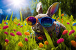 canvas print picture - Osterhase mit Sonnenbrille sitzt in einer Blumenwiese, Generative AI