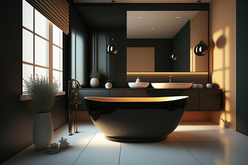A luxurious black ,beige and white bathroom, minimalist and modern with a giant bathtub.  Generative AI.