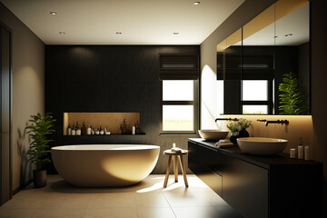 A luxurious black and beige bathroom, minimalist and modern with a giant bathtub.  Generative AI.
