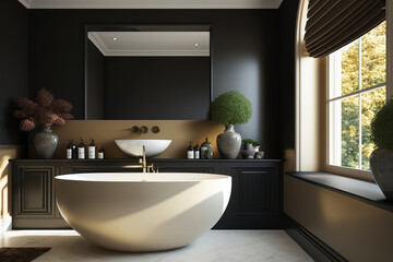 A luxurious black and beige bathroom, minimalist and modern with a giant bathtub.  Generative AI.