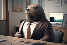 Portrait Of A Sealion Dressed In A Formal Business Suit At The Office, Boss Sealion, Generative Ai