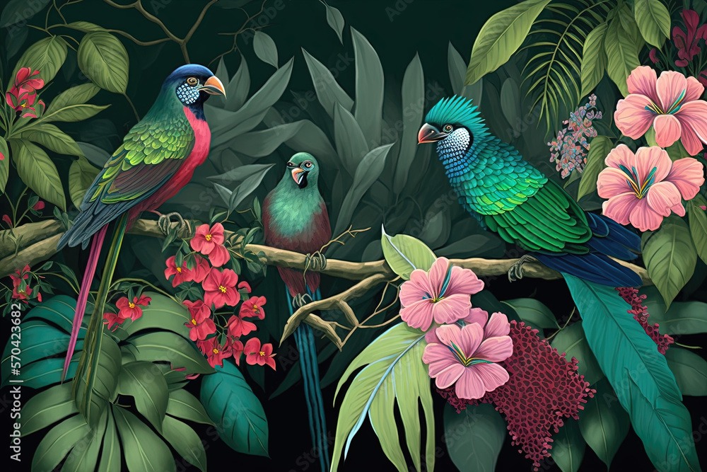 Forêt tropicale de Bali avec plusieurs oiseaux et fleurs colorés