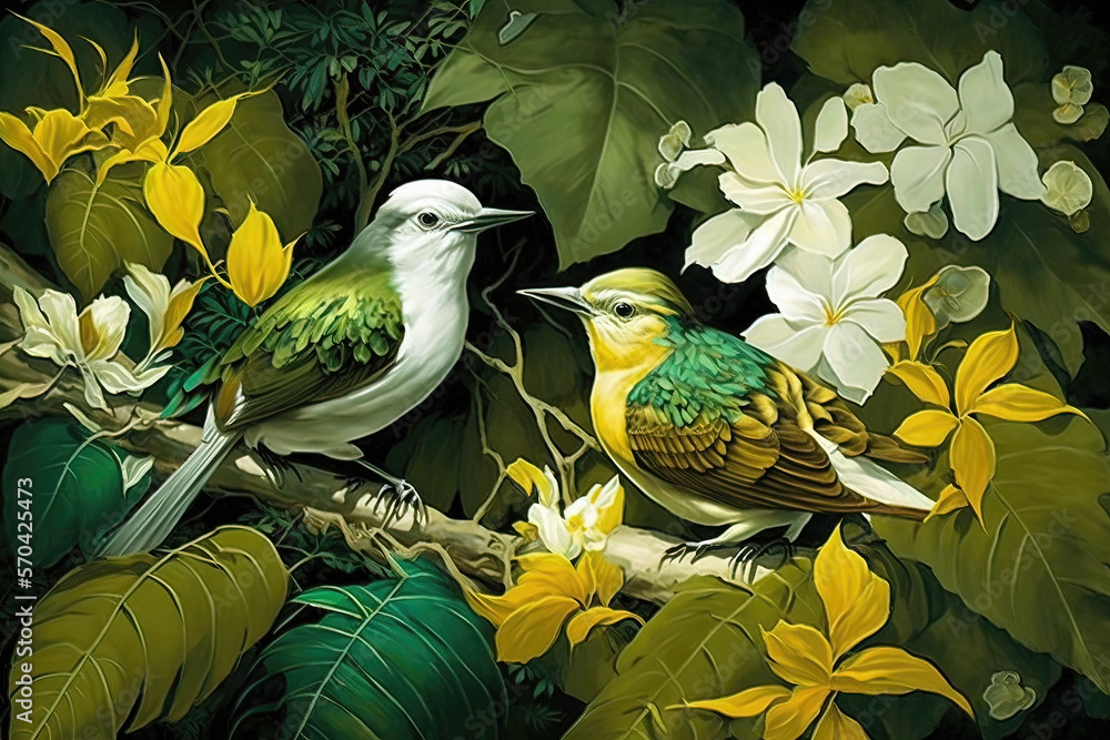 Forêt tropicale de Bali avec plusieurs oiseaux et fleurs colorés
