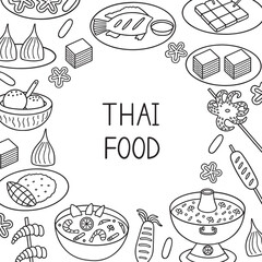 Wall Mural - Thai food doodle set. Asian cuisine. Tom yum, fried ice cream, octopus in sketch style. Hand drawn vector illustration isolated on white background