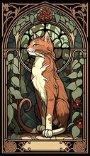 Ginger Cat Art Nouveau Poster, Illustration, AI Generative