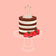 Cartoon birthday chocolate cake with strawberry and candles on stand for celebration design. Colorful cartoon vector illustration. Sweet holiday food.