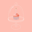Cartoon birthday pink cupcake with candle on stand for celebration design. Colorful cartoon vector illustration. Sweet holiday food.