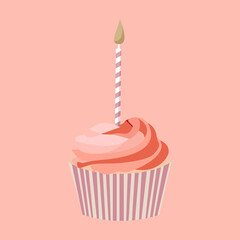 Cartoon birthday pink cupcake with candle for celebration design. Colorful cartoon vector illustration. Sweet holiday food.