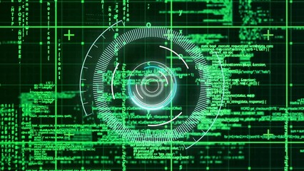 Animation of circles over grid pattern against computer programming language on black background