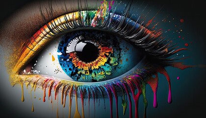 Wall Mural - Human eye close up with colorful paint , ink splashes and drips, Generative AI