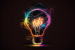 © Jinesun - Neon glowing light bulb with black background - generative ai