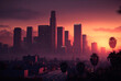 Los Angeles skyline at sunset. Generative AI