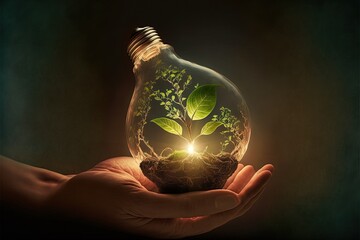 hand holding a light bulb with a small plant growing inside. The use of green energy and renewable, efficient recyclable. Concept of eco-friendly lifestyle which helps reduce global warming.