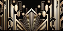 Abstract Art Deco. Great Gatsby 1920s Geometric Architecture Background. Retro Vintage Black, Gold, And Silver Roaring 20s Texture.