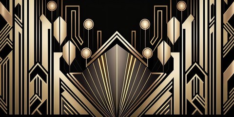 Abstract art deco. Great Gatsby 1920s geometric architecture background. Retro vintage black, gold, and silver roaring 20s texture.