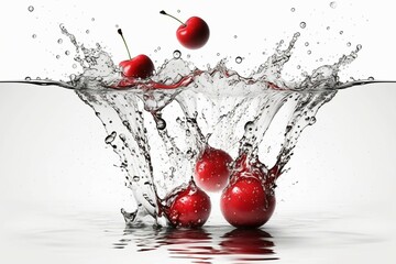 Cherries falling in the water, Fruit, Cherry, Water splash, Isolated on white background, Generative Ai