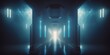 © Fox_Dsign - long couloir de vaisseau spatial alien, lumière bleue verte - panoramique - illustration ia