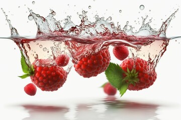 Wall Mural - Raspberries falling in the water, Fruit, Raspberry, Water splash, Isolated on white background, Generative Ai