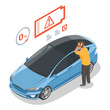 EV car Low Battery Power Low level no Charger station with confused man illustration isometric isolated vector
