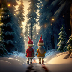 Two Elves Walking Through a Winter Forest