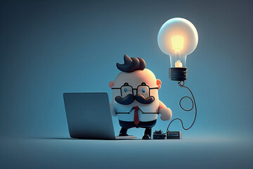 3D cartoon character cute smiling businessman using laptop computer sit on armchair, With Creative light bulb concept idea, image ai midjourney generated