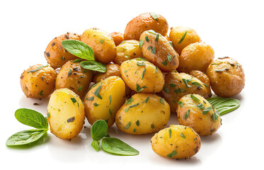 Delicious roasted potatoes, isolated on white background. Dish cooked with spices. Based on Generative AI