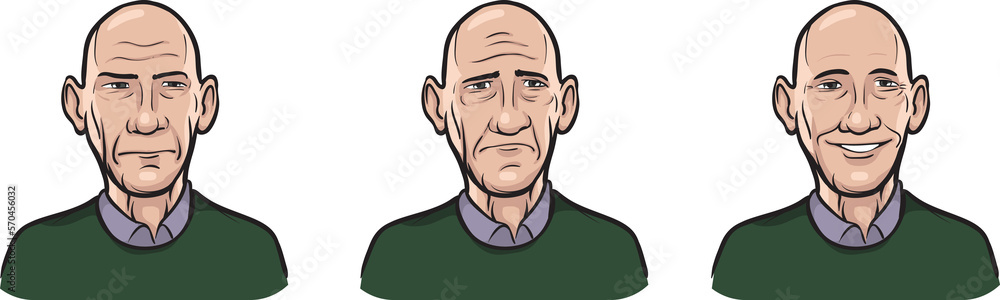 bald man face three expressions isolated user profile avatar heads ...