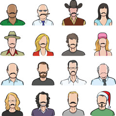 Sticker - anonymous faces with mustaches big collection isolated user profile avatar heads - PNG image with transparent background