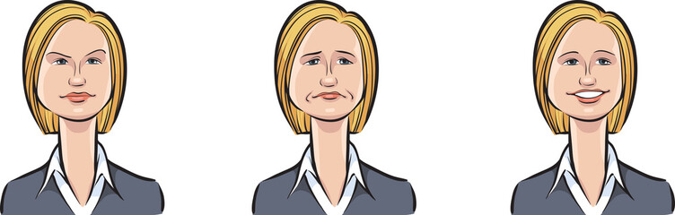 Wall Mural - business woman face three expressions isolated user profile avatar heads - PNG image with transparent background