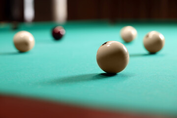 Sticker - Many billiard balls on green table indoors, closeup