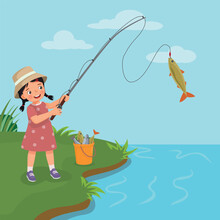 Cute Little Girl Fishing At The River Catching Big Fishes