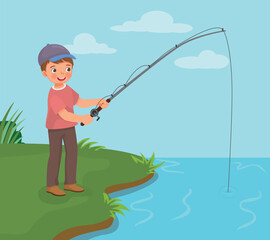 Sticker - Cute little boy fishing at the river holding a fishing rod