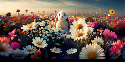 Wall Mural - Easter Bunny in a floral field hiding Easter eggs. Colorful and whimsical nature photo showing outdoor landscape